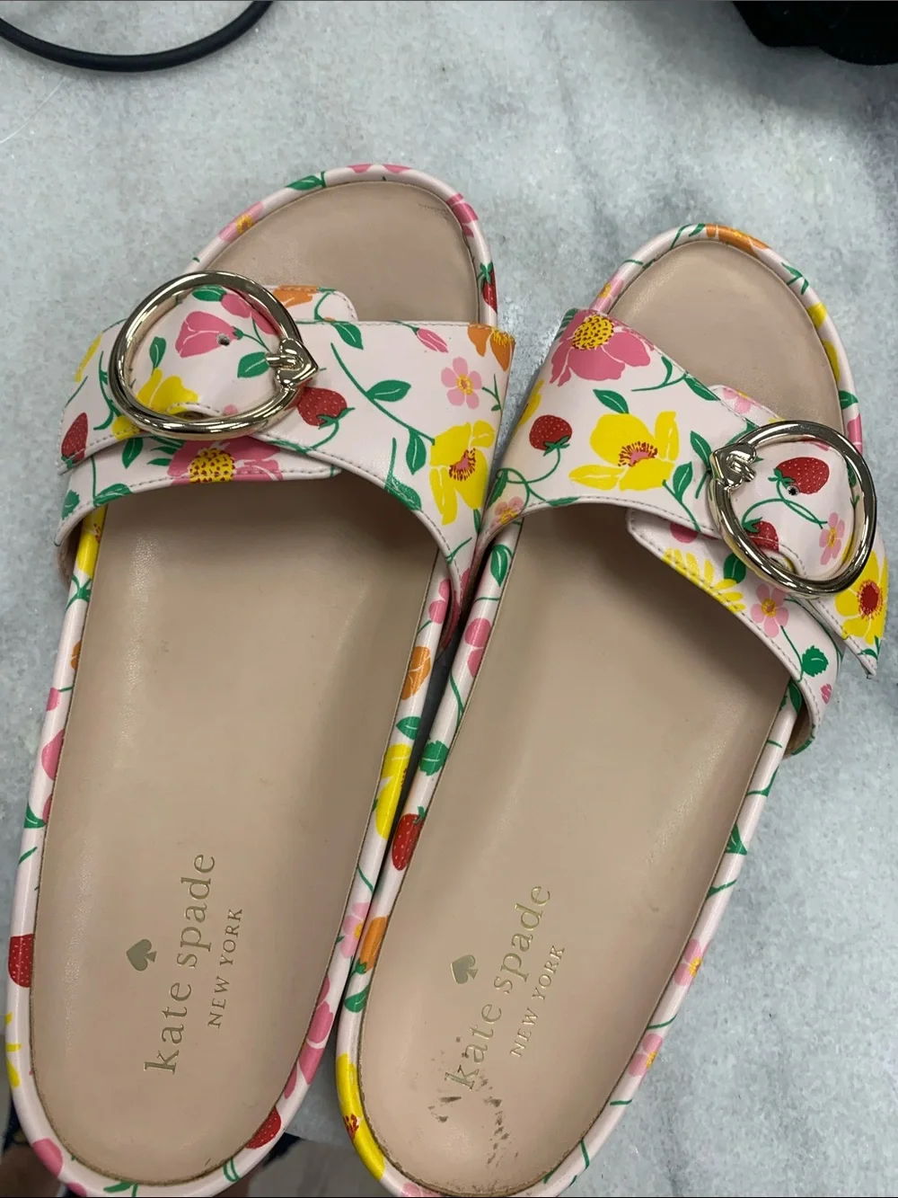 kate spade White Floral Buckle Slide Sandals